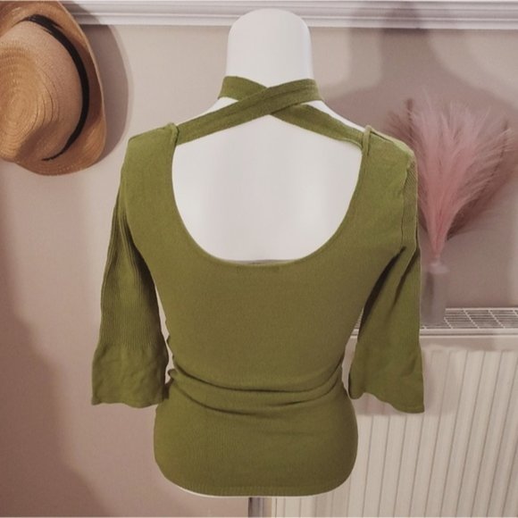 Le Château Bell Sleeve tie neck sash Knit Ribbed Top- Grass Green- XXS - Picture 4 of 16
